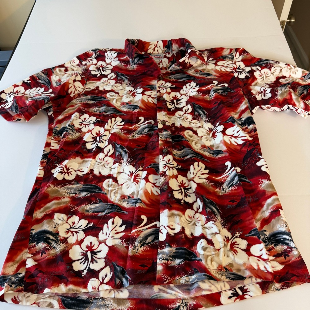 Vintage Hawaii Red Dolphin Hibiscus Floral Cotton Aloha Shirt XL Made in USA
